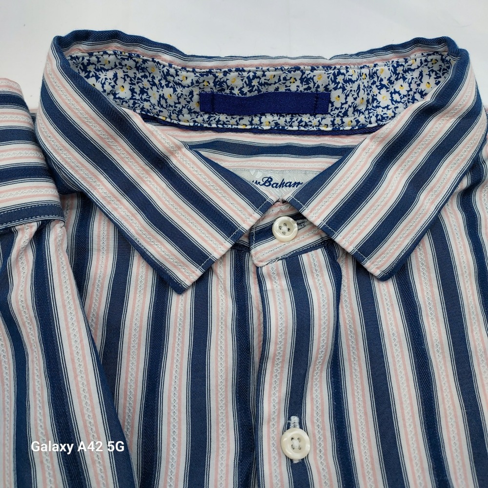 Tommy Bahama Mens XL‎ Shirt Striped Floral Cotton Silk Blue Pink Casual